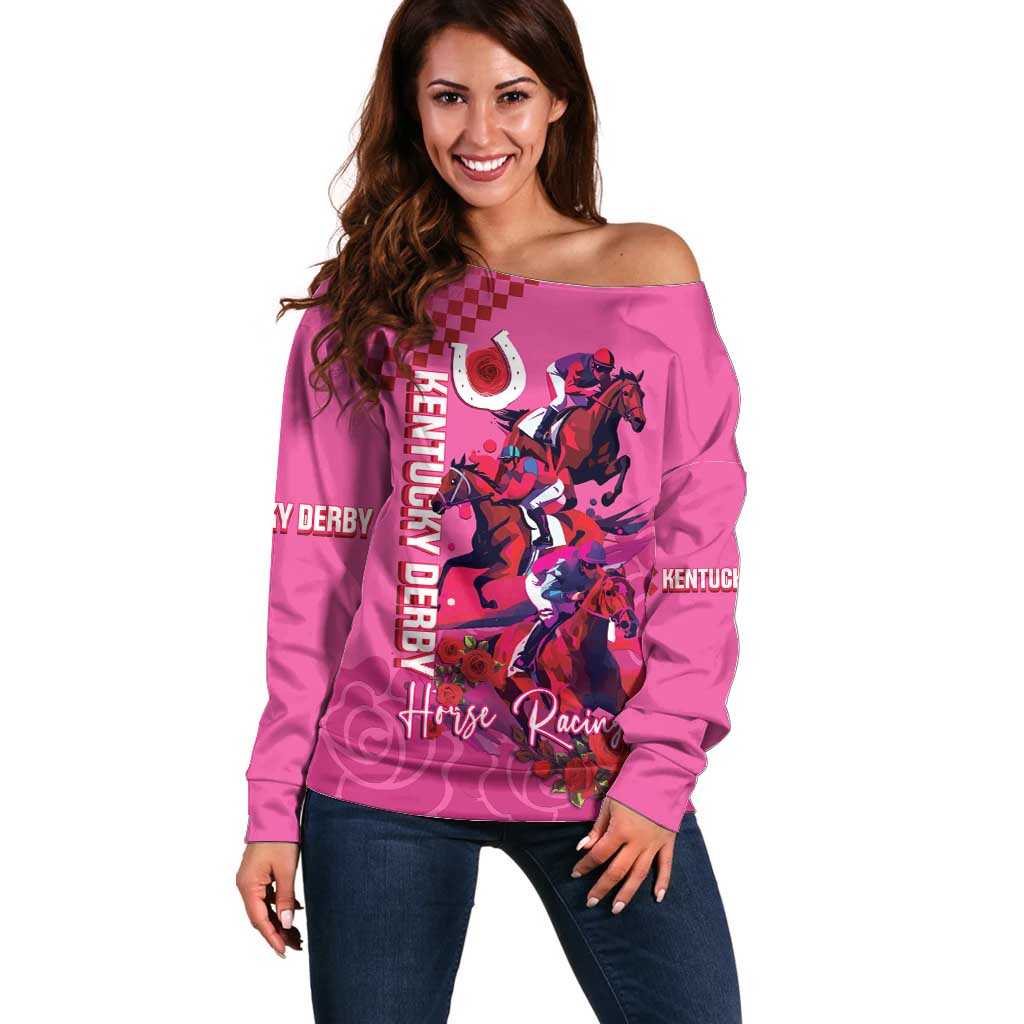 Kentucky Horse Racing Off Shoulder Sweater 151st Anniversary With Roses - Pink Version LT14