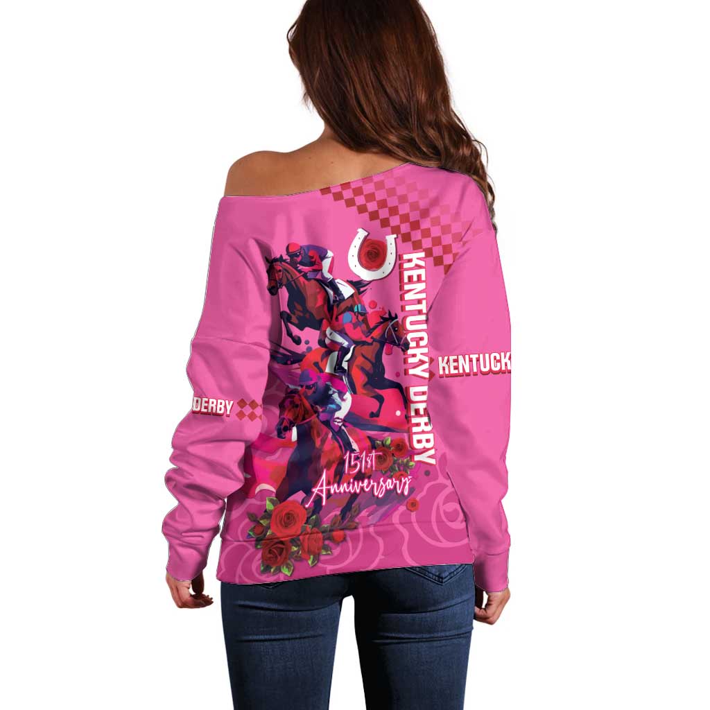 Kentucky Horse Racing Off Shoulder Sweater 151st Anniversary With Roses - Pink Version LT14