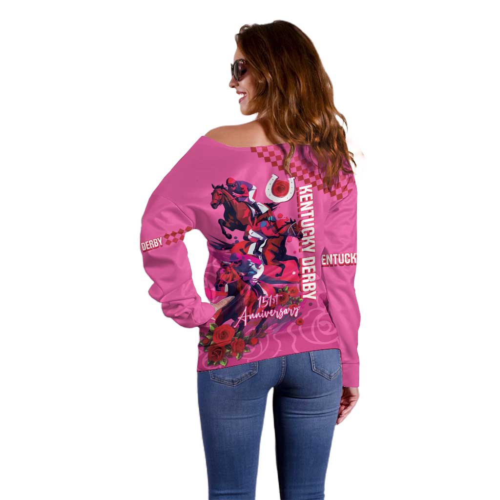Kentucky Horse Racing Off Shoulder Sweater 151st Anniversary With Roses - Pink Version LT14