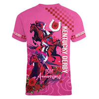 Kentucky Horse Racing Women V Neck T Shirt 151st Anniversary With Roses - Pink Version LT14