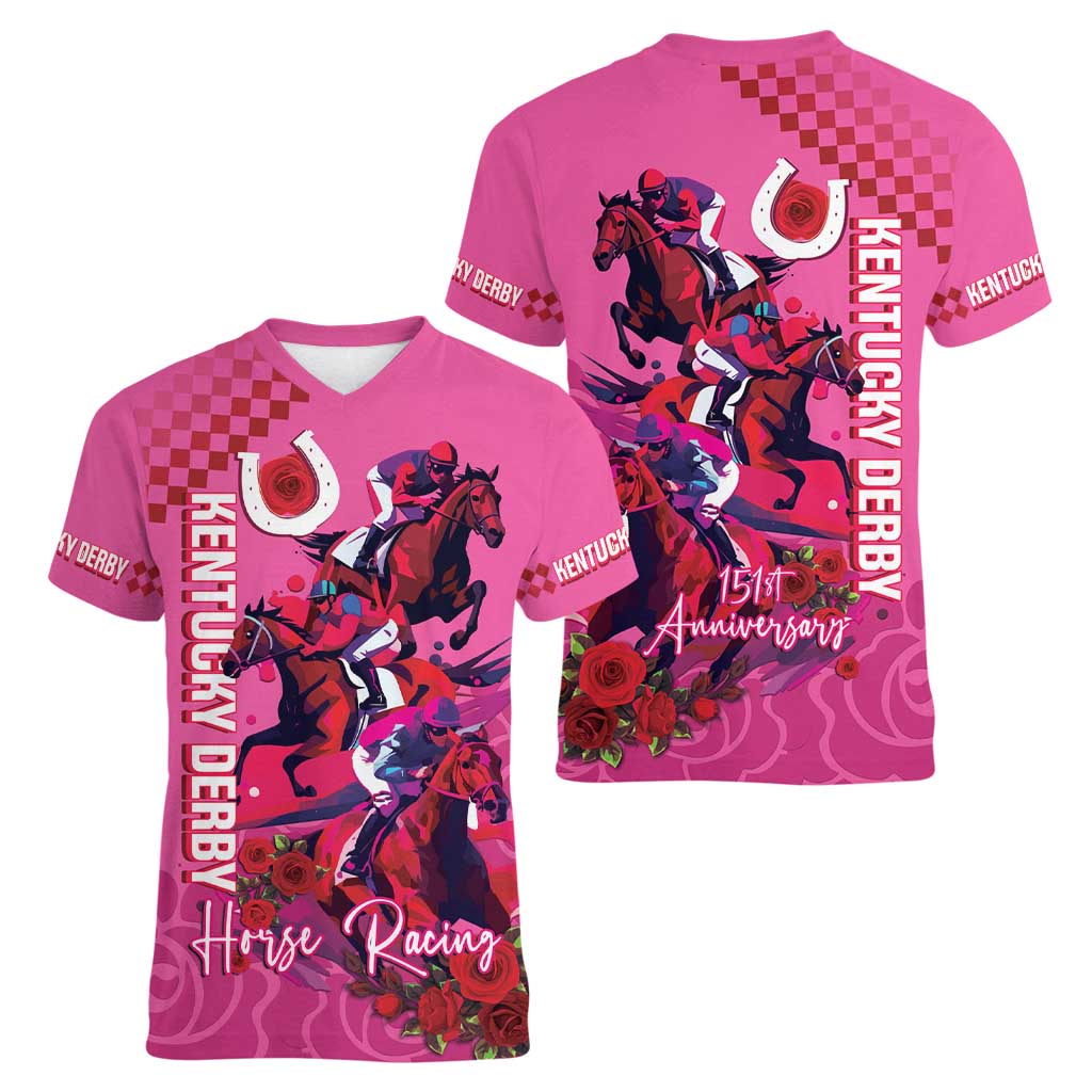 Kentucky Horse Racing Women V Neck T Shirt 151st Anniversary With Roses - Pink Version LT14