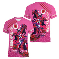 Kentucky Horse Racing Women V Neck T Shirt 151st Anniversary With Roses - Pink Version LT14