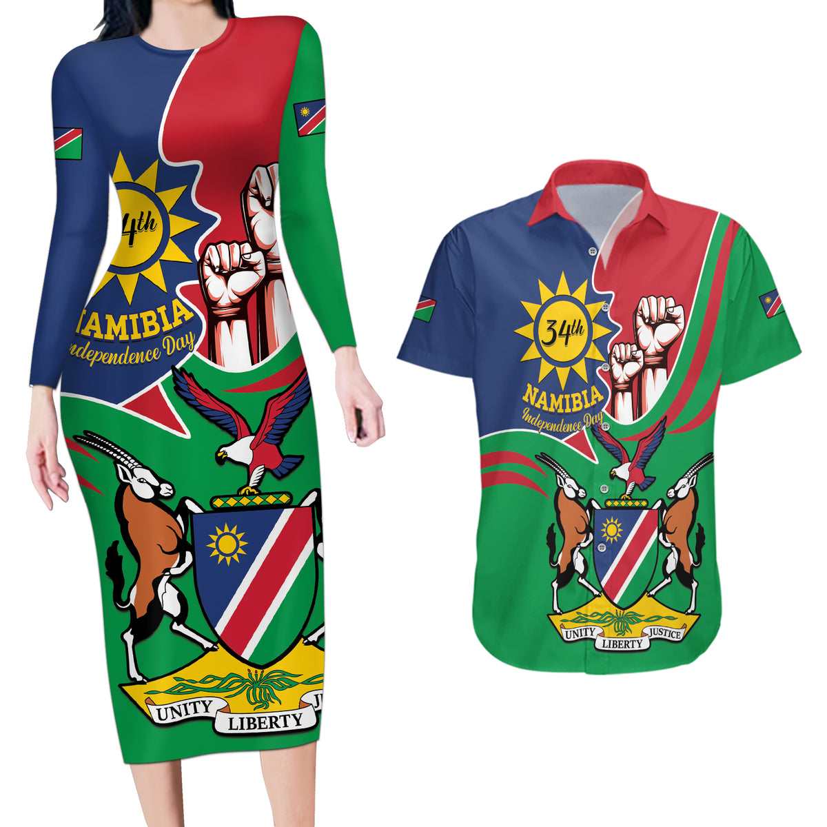 Namibia Independence Day Couples Matching Long Sleeve Bodycon Dress and Hawaiian Shirt Coat Of Arms Curve Style - Wonder Print Shop