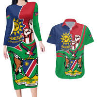 Namibia Independence Day Couples Matching Long Sleeve Bodycon Dress and Hawaiian Shirt Coat Of Arms Curve Style - Wonder Print Shop