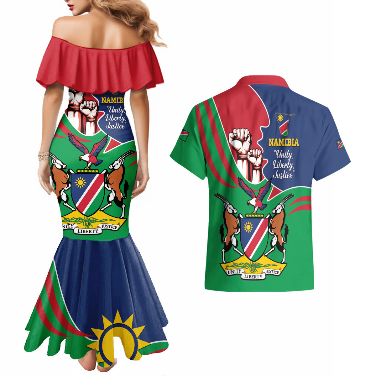 Namibia Independence Day Couples Matching Mermaid Dress and Hawaiian Shirt Coat Of Arms Curve Style - Wonder Print Shop