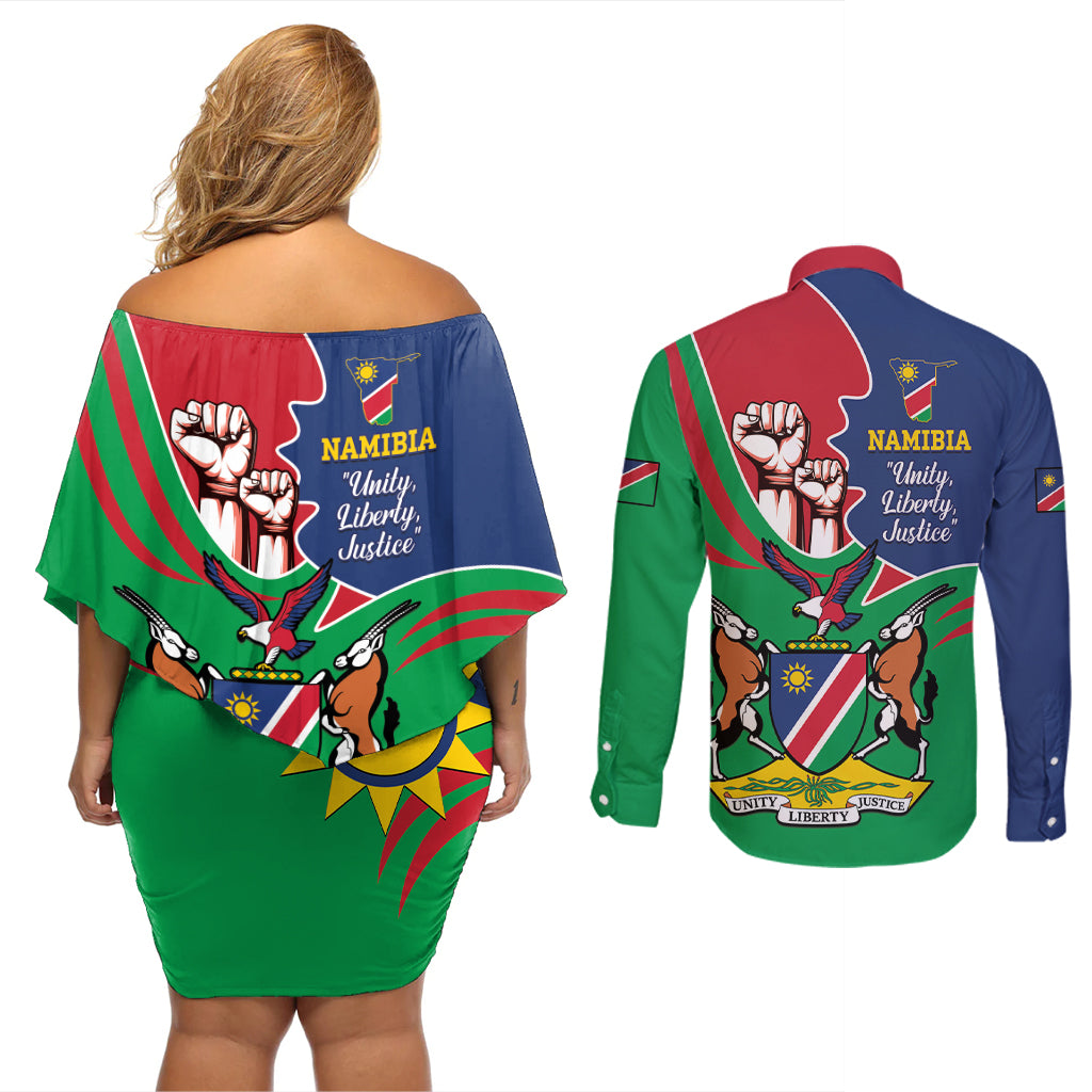 Namibia Independence Day Couples Matching Off Shoulder Short Dress and Long Sleeve Button Shirt Coat Of Arms Curve Style - Wonder Print Shop