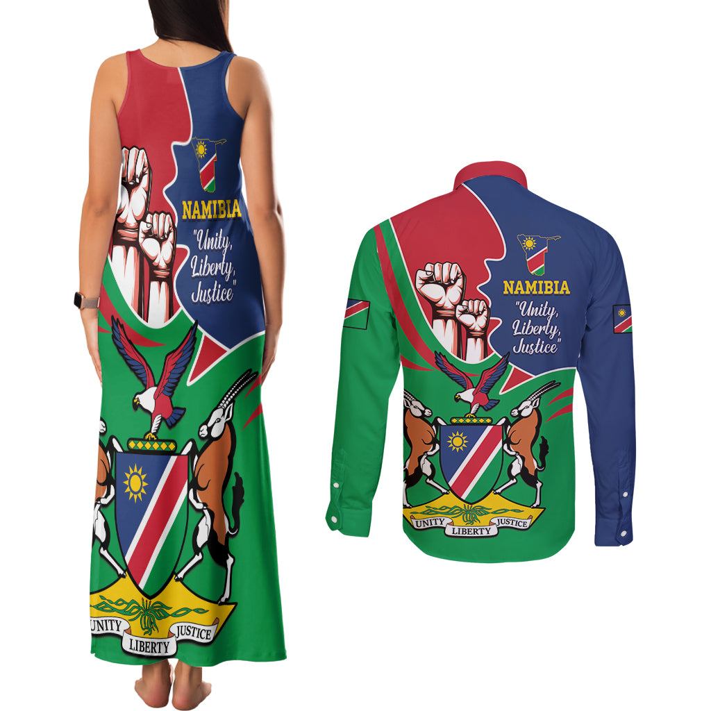 Namibia Independence Day Couples Matching Tank Maxi Dress and Long Sleeve Button Shirt Coat Of Arms Curve Style - Wonder Print Shop