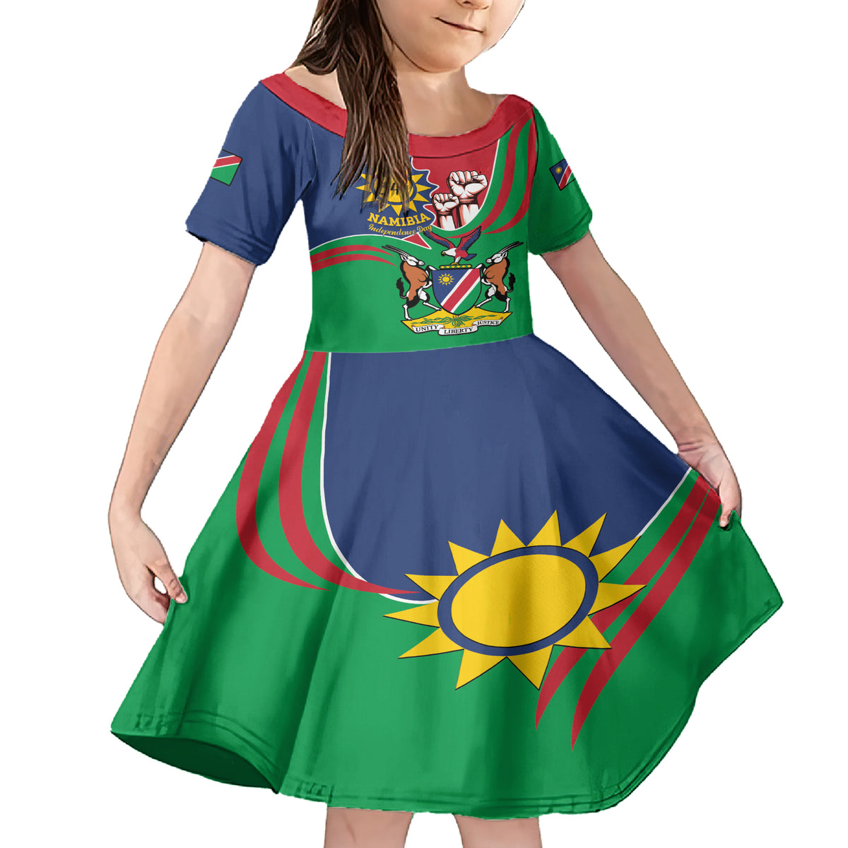 Namibia Independence Day Family Matching Short Sleeve Bodycon Dress and Hawaiian Shirt Coat Of Arms Curve Style - Wonder Print Shop