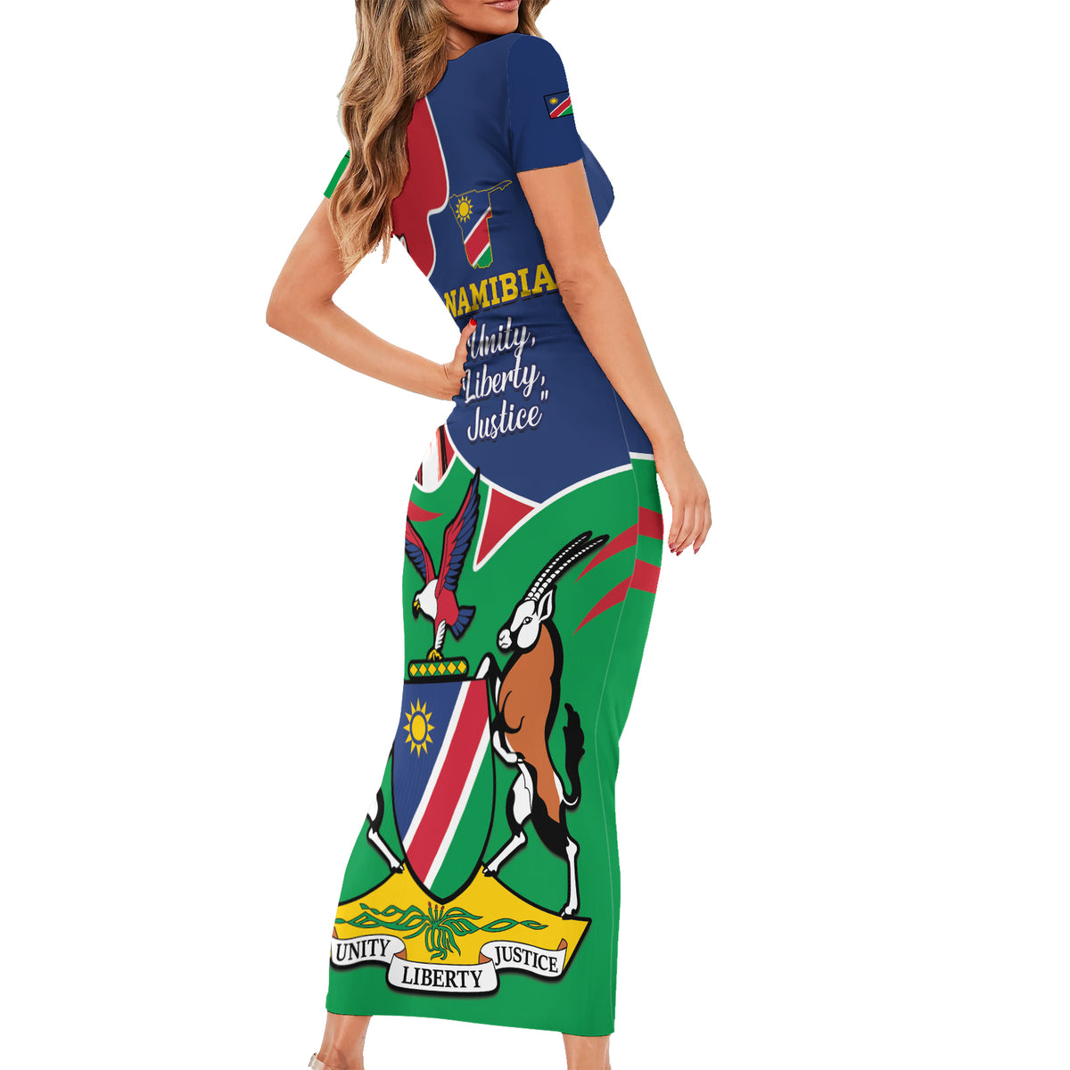 Namibia Independence Day Family Matching Short Sleeve Bodycon Dress and Hawaiian Shirt Coat Of Arms Curve Style - Wonder Print Shop