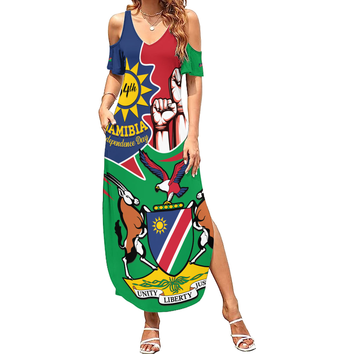 Namibia Independence Day Family Matching Summer Maxi Dress and Hawaiian Shirt Coat Of Arms Curve Style - Wonder Print Shop