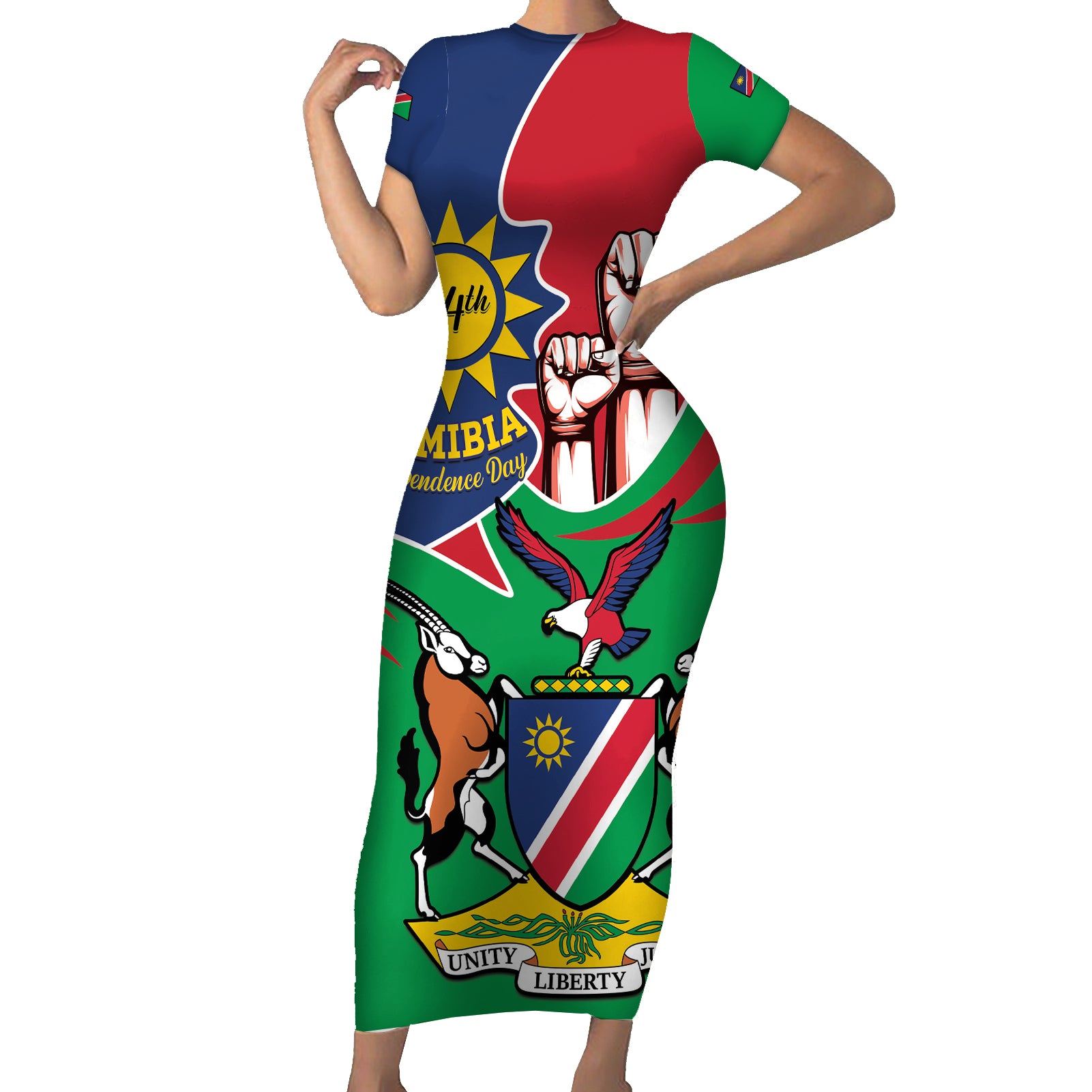 Namibia Independence Day Short Sleeve Bodycon Dress Coat Of Arms Curve Style - Wonder Print Shop