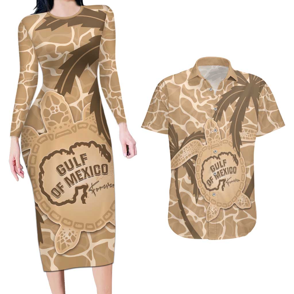 Gulf of Mexico Forever Couples Matching Long Sleeve Bodycon Dress and Hawaiian Shirt Mexican Turtle Brown Version