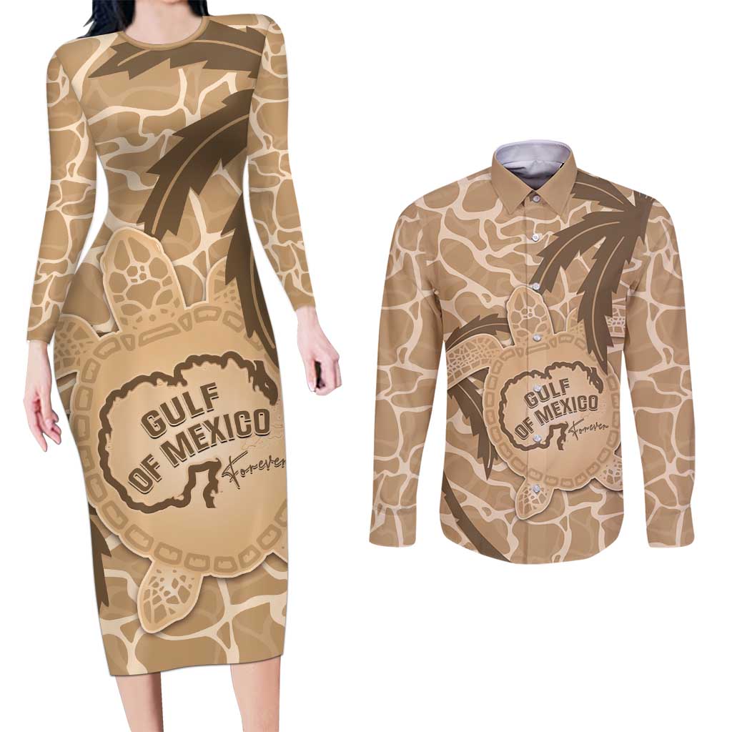 Gulf of Mexico Forever Couples Matching Long Sleeve Bodycon Dress and Long Sleeve Button Shirt Mexican Turtle Brown Version