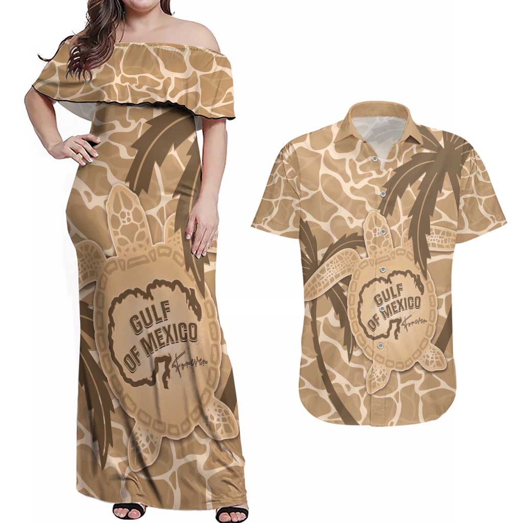 Gulf of Mexico Forever Couples Matching Off Shoulder Maxi Dress and Hawaiian Shirt Mexican Turtle Brown Version