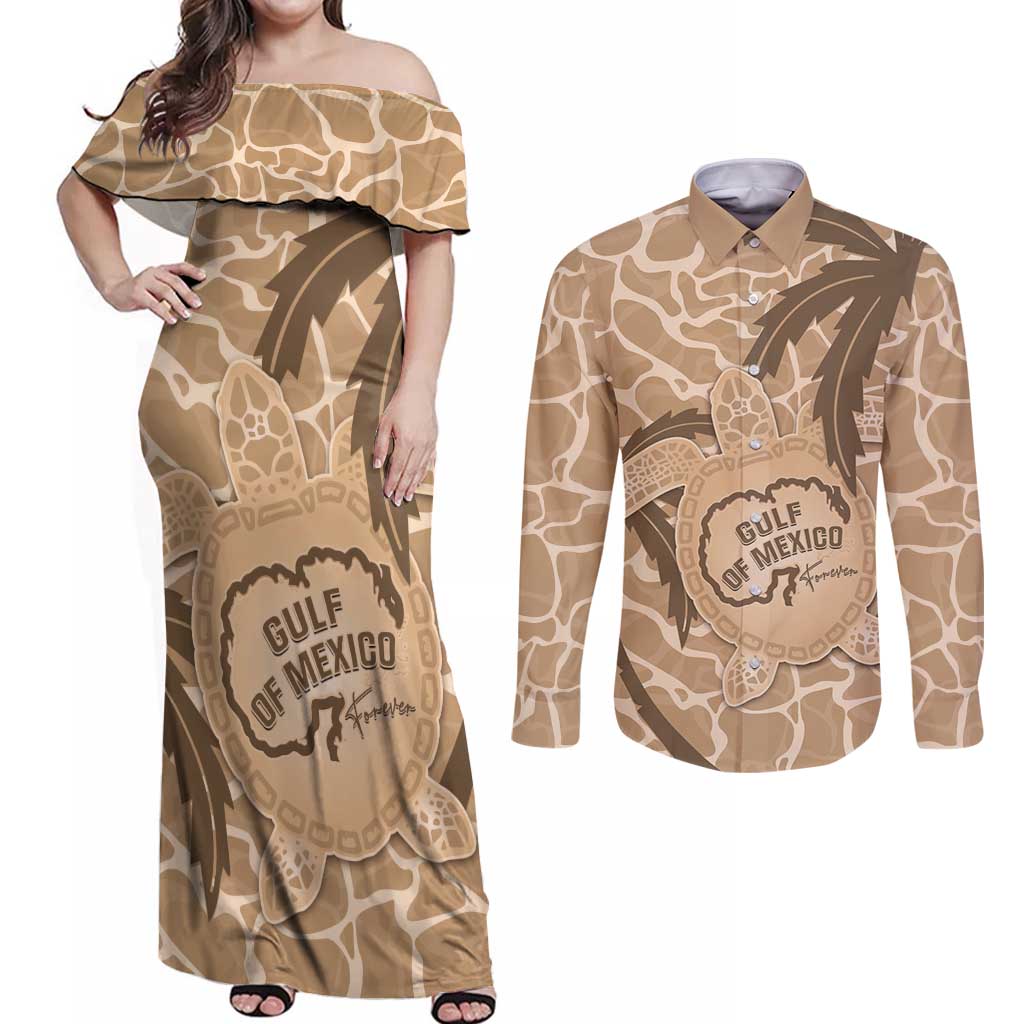 Gulf of Mexico Forever Couples Matching Off Shoulder Maxi Dress and Long Sleeve Button Shirt Mexican Turtle Brown Version