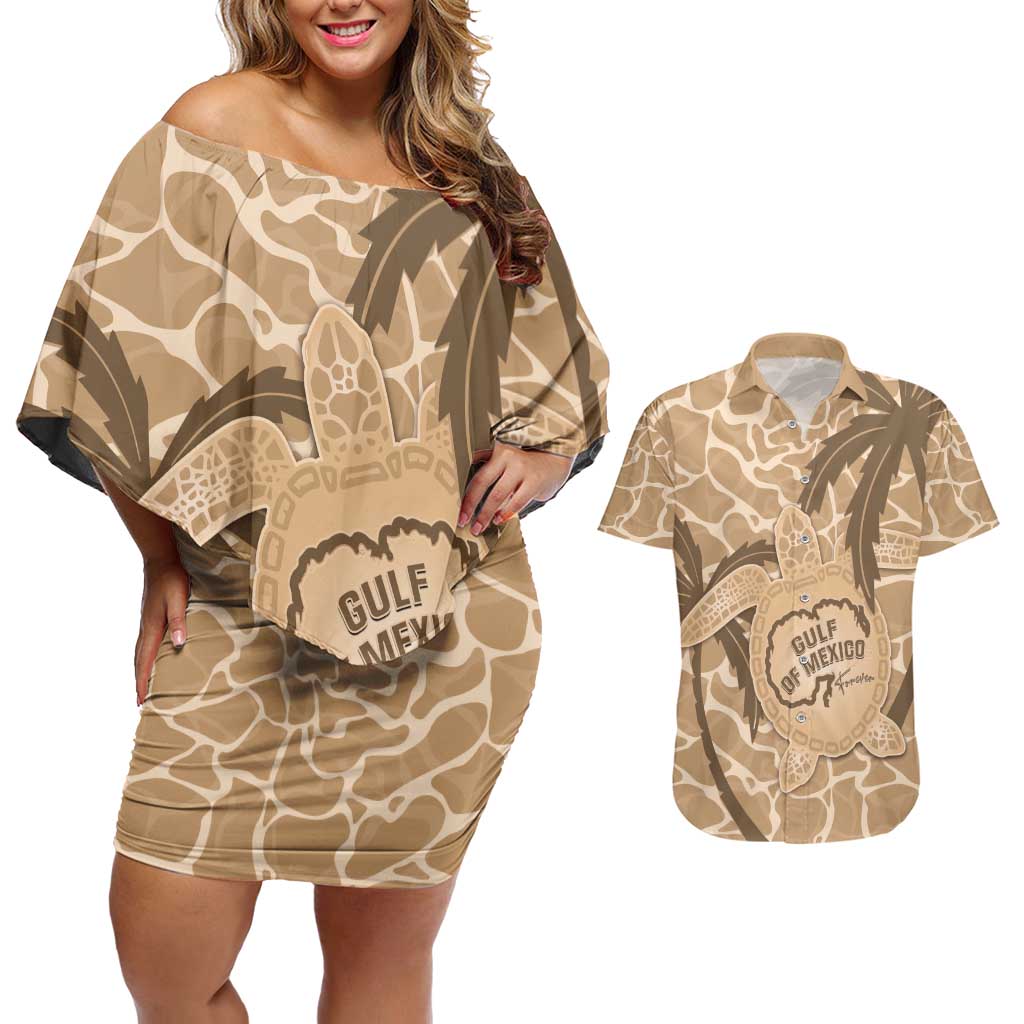 Gulf of Mexico Forever Couples Matching Off Shoulder Short Dress and Hawaiian Shirt Mexican Turtle Brown Version