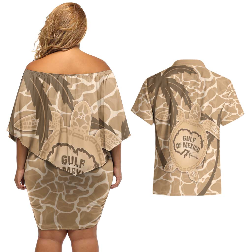 Gulf of Mexico Forever Couples Matching Off Shoulder Short Dress and Hawaiian Shirt Mexican Turtle Brown Version