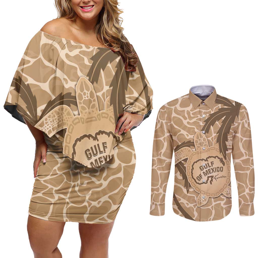 Gulf of Mexico Forever Couples Matching Off Shoulder Short Dress and Long Sleeve Button Shirt Mexican Turtle Brown Version