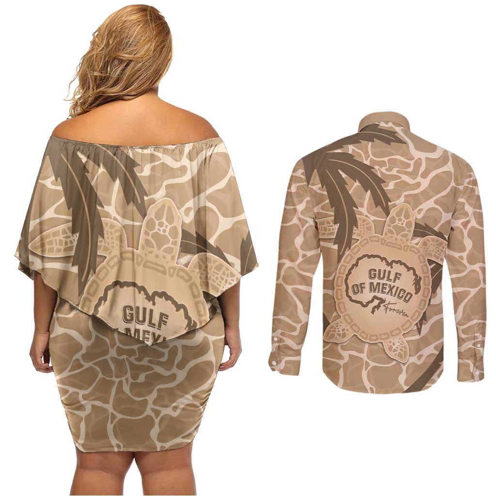 Gulf of Mexico Forever Couples Matching Off Shoulder Short Dress and Long Sleeve Button Shirt Mexican Turtle Brown Version