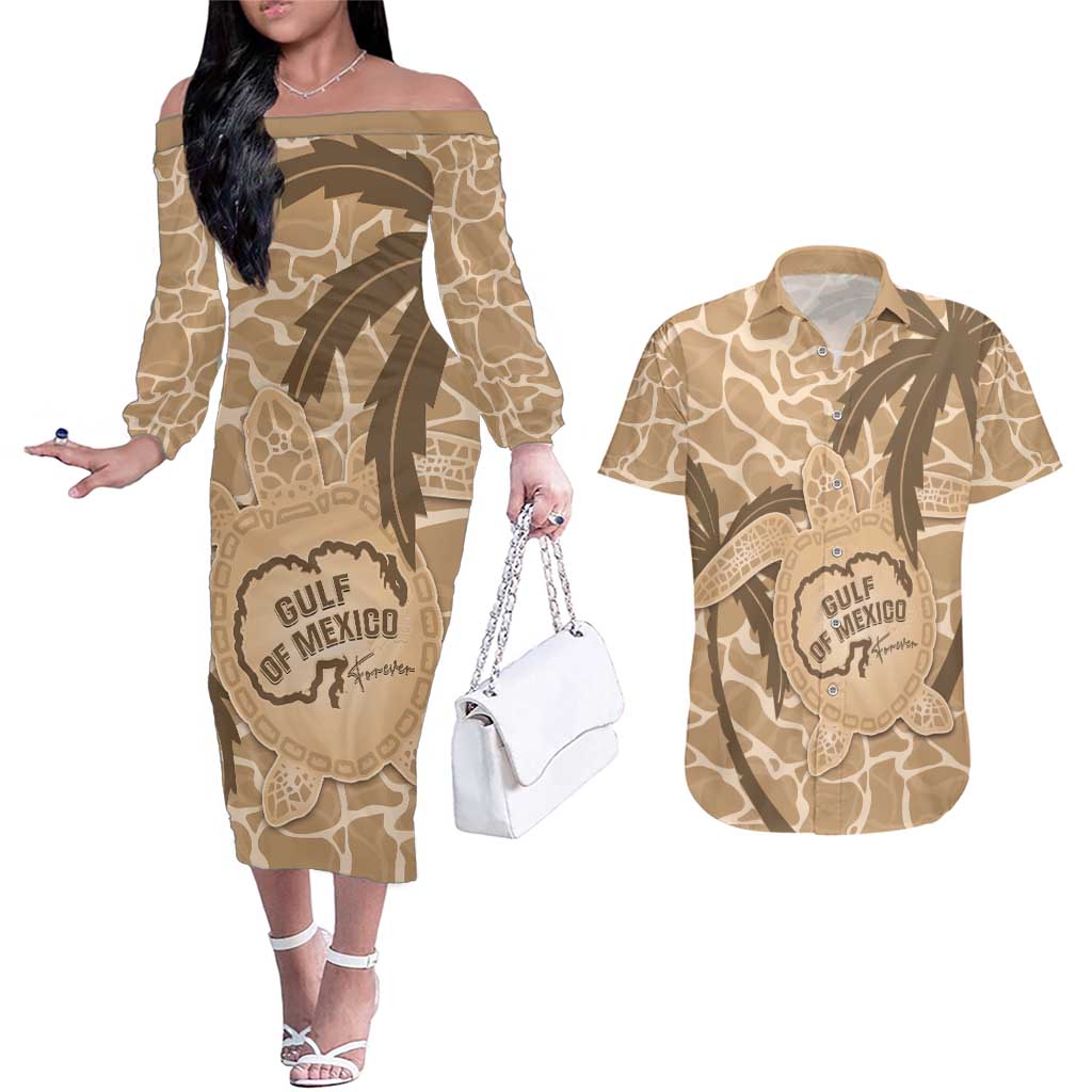 Gulf of Mexico Forever Couples Matching Off The Shoulder Long Sleeve Dress and Hawaiian Shirt Mexican Turtle Brown Version