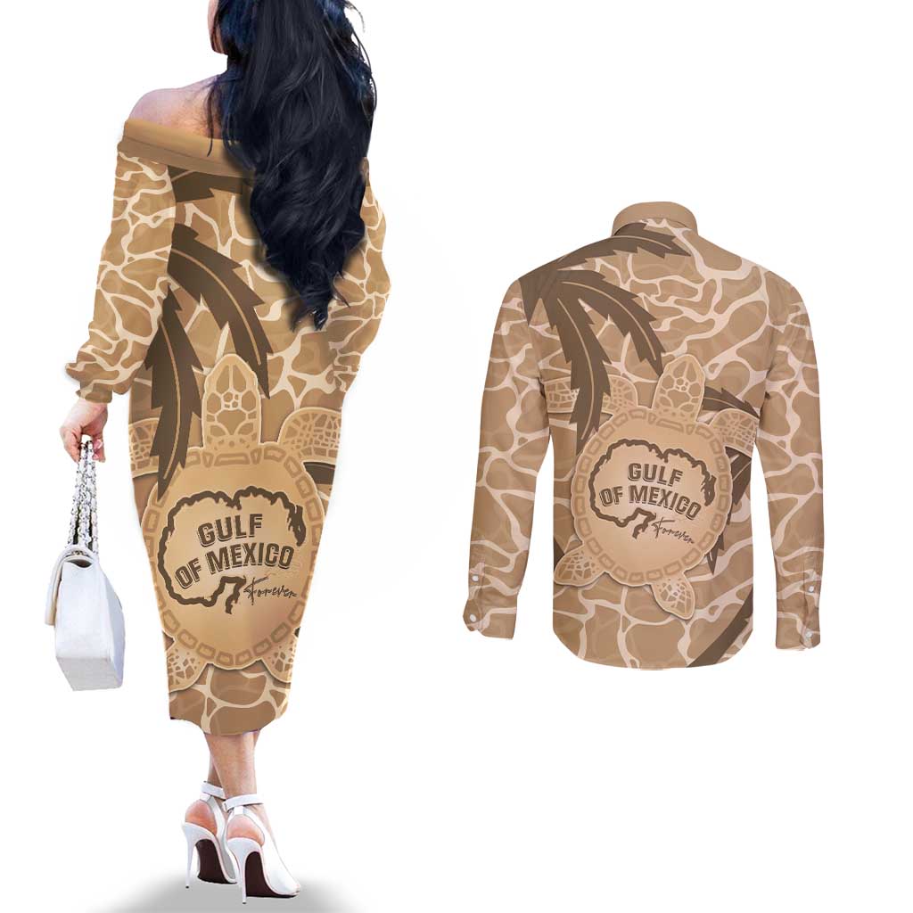 Gulf of Mexico Forever Couples Matching Off The Shoulder Long Sleeve Dress and Long Sleeve Button Shirt Mexican Turtle Brown Version