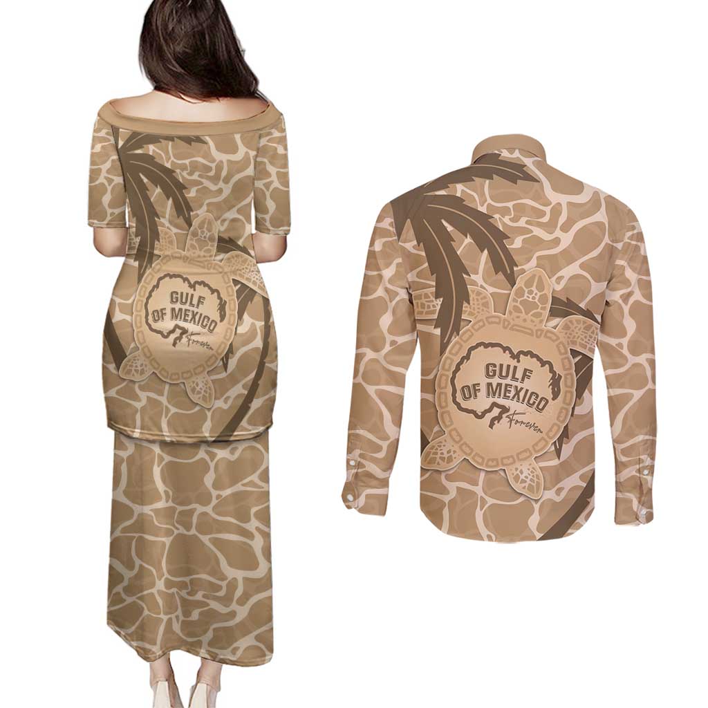 Gulf of Mexico Forever Couples Matching Puletasi and Long Sleeve Button Shirt Mexican Turtle Brown Version
