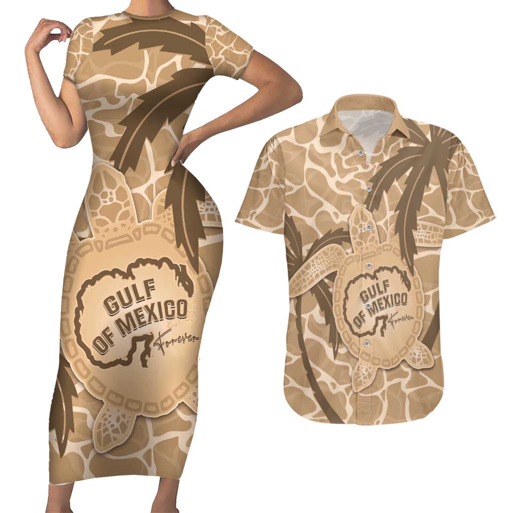 Gulf of Mexico Forever Couples Matching Short Sleeve Bodycon Dress and Hawaiian Shirt Mexican Turtle Brown Version