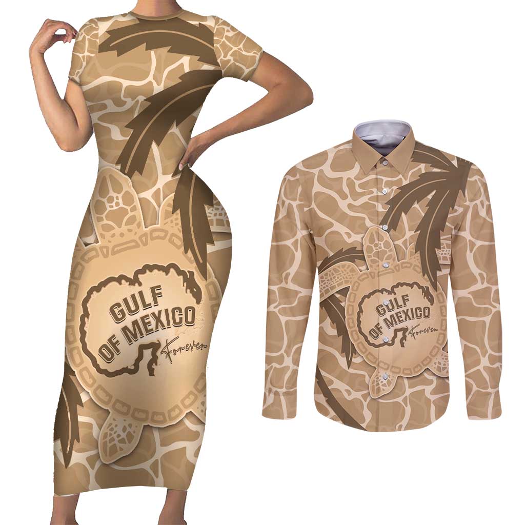 Gulf of Mexico Forever Couples Matching Short Sleeve Bodycon Dress and Long Sleeve Button Shirt Mexican Turtle Brown Version