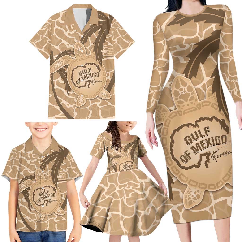Gulf of Mexico Forever Family Matching Long Sleeve Bodycon Dress and Hawaiian Shirt Mexican Turtle Brown Version
