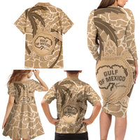 Gulf of Mexico Forever Family Matching Long Sleeve Bodycon Dress and Hawaiian Shirt Mexican Turtle Brown Version