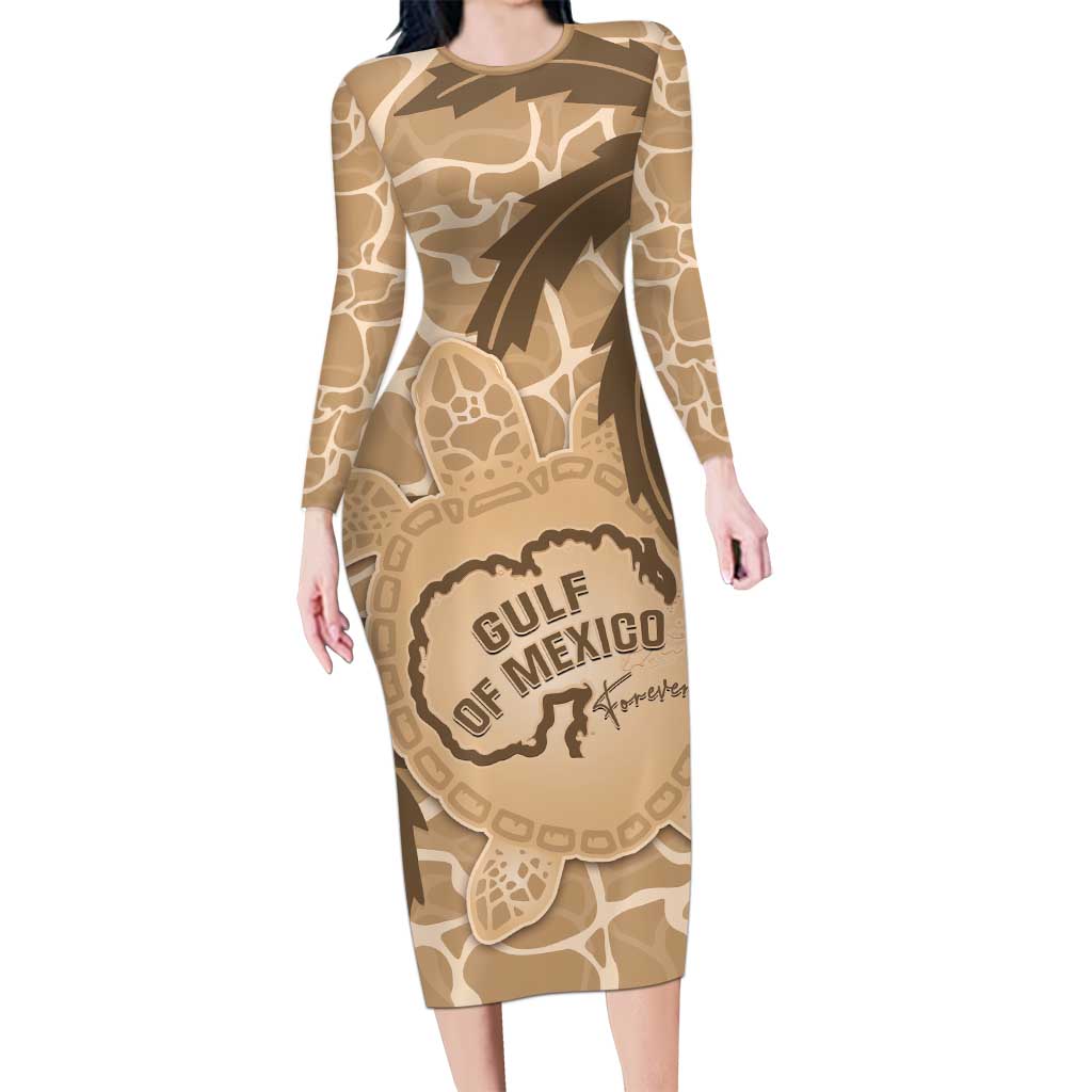 Gulf of Mexico Forever Family Matching Long Sleeve Bodycon Dress and Hawaiian Shirt Mexican Turtle Brown Version