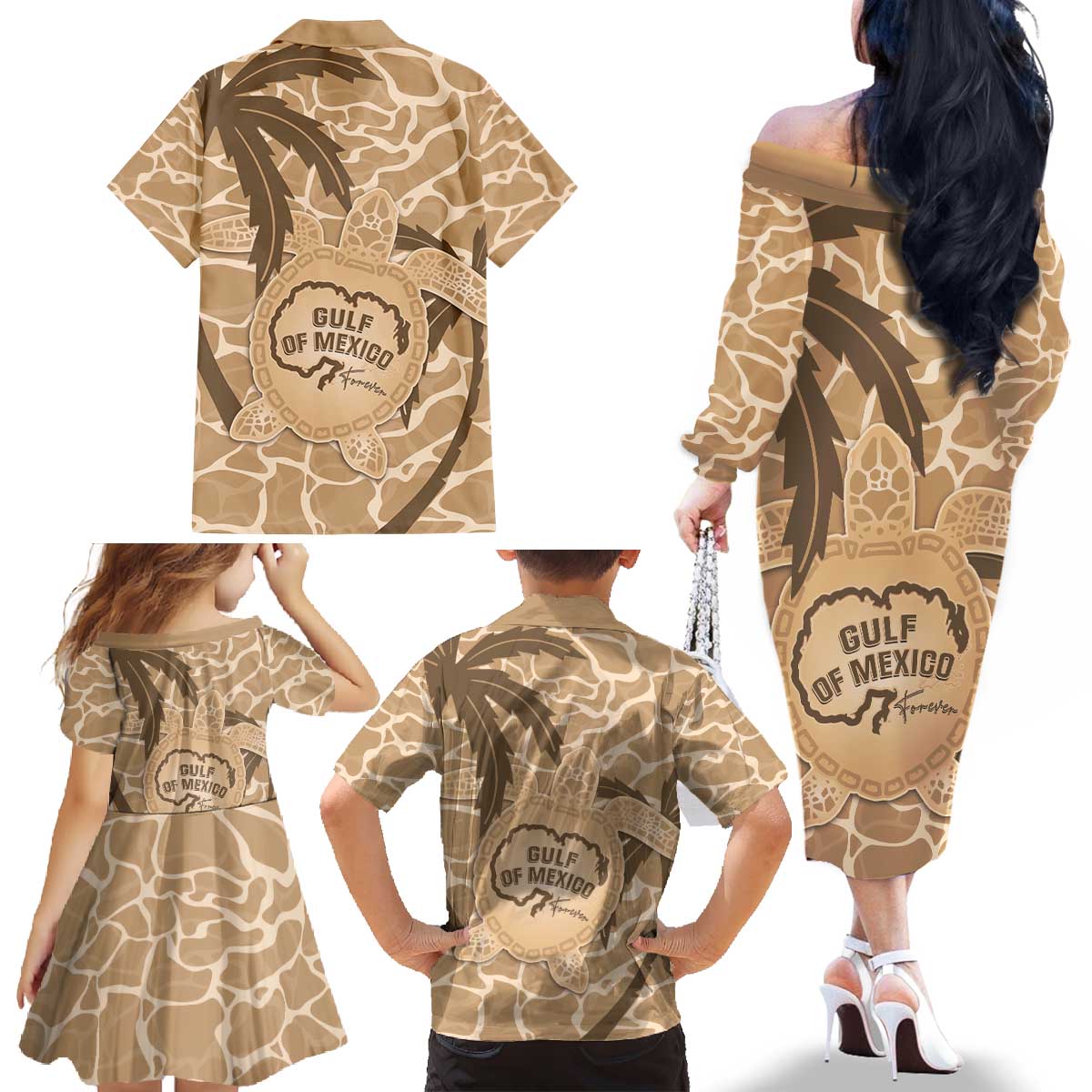 Gulf of Mexico Forever Family Matching Off The Shoulder Long Sleeve Dress and Hawaiian Shirt Mexican Turtle Brown Version