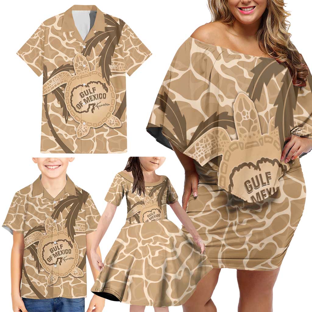Gulf of Mexico Forever Family Matching Off Shoulder Short Dress and Hawaiian Shirt Mexican Turtle Brown Version