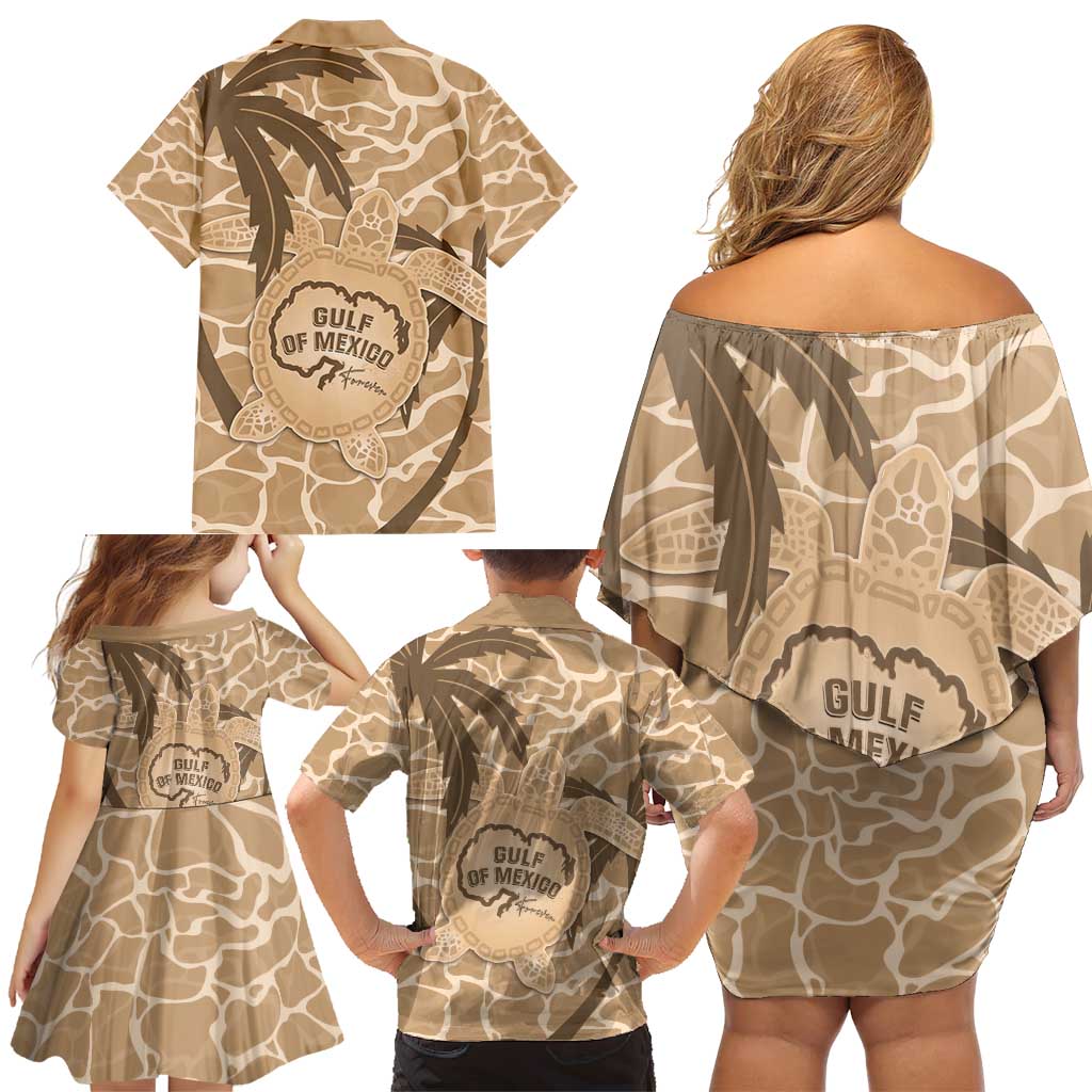 Gulf of Mexico Forever Family Matching Off Shoulder Short Dress and Hawaiian Shirt Mexican Turtle Brown Version