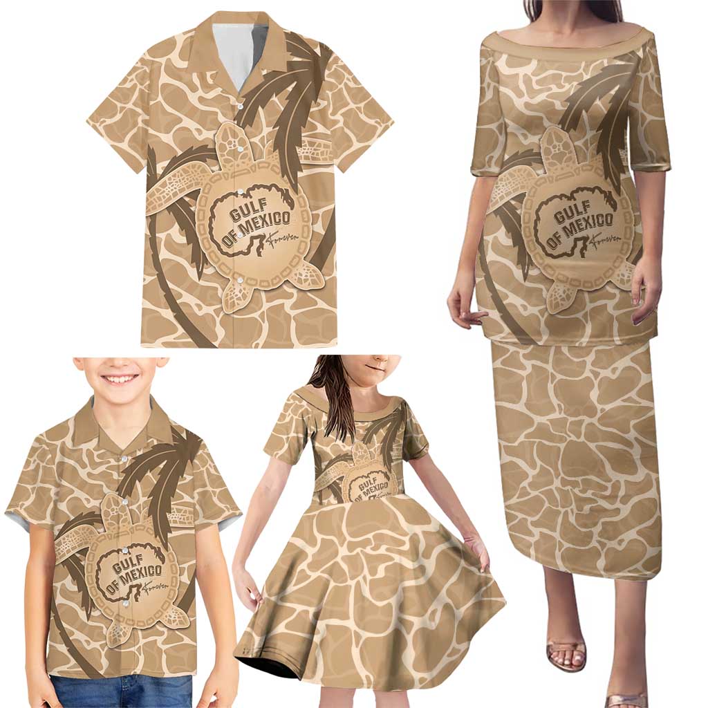 Gulf of Mexico Forever Family Matching Puletasi and Hawaiian Shirt Mexican Turtle Brown Version