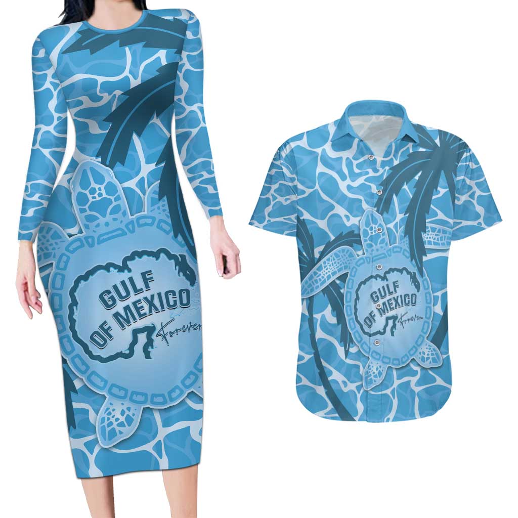 Gulf of Mexico Forever Couples Matching Long Sleeve Bodycon Dress and Hawaiian Shirt Mexican Turtle Blue Version