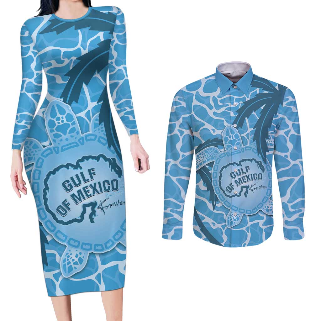 Gulf of Mexico Forever Couples Matching Long Sleeve Bodycon Dress and Long Sleeve Button Shirt Mexican Turtle Blue Version