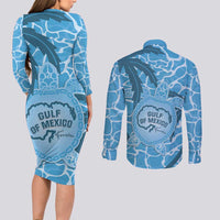 Gulf of Mexico Forever Couples Matching Long Sleeve Bodycon Dress and Long Sleeve Button Shirt Mexican Turtle Blue Version