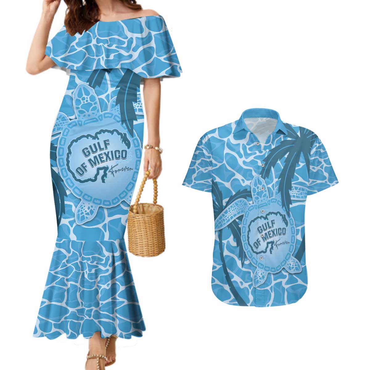 Gulf of Mexico Forever Couples Matching Mermaid Dress and Hawaiian Shirt Mexican Turtle Blue Version
