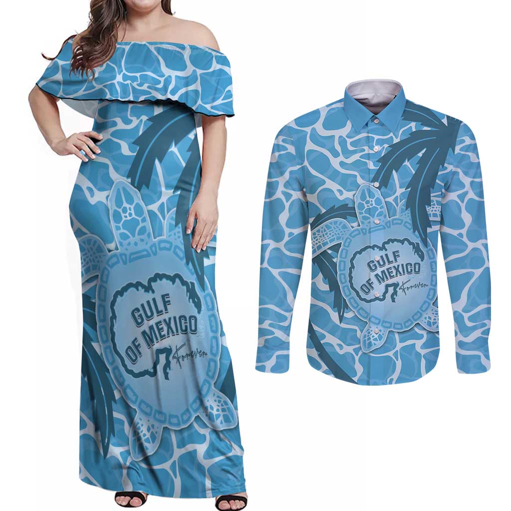 Gulf of Mexico Forever Couples Matching Off Shoulder Maxi Dress and Long Sleeve Button Shirt Mexican Turtle Blue Version