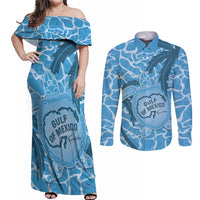 Gulf of Mexico Forever Couples Matching Off Shoulder Maxi Dress and Long Sleeve Button Shirt Mexican Turtle Blue Version