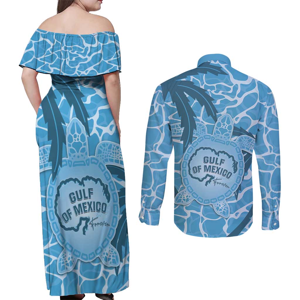 Gulf of Mexico Forever Couples Matching Off Shoulder Maxi Dress and Long Sleeve Button Shirt Mexican Turtle Blue Version