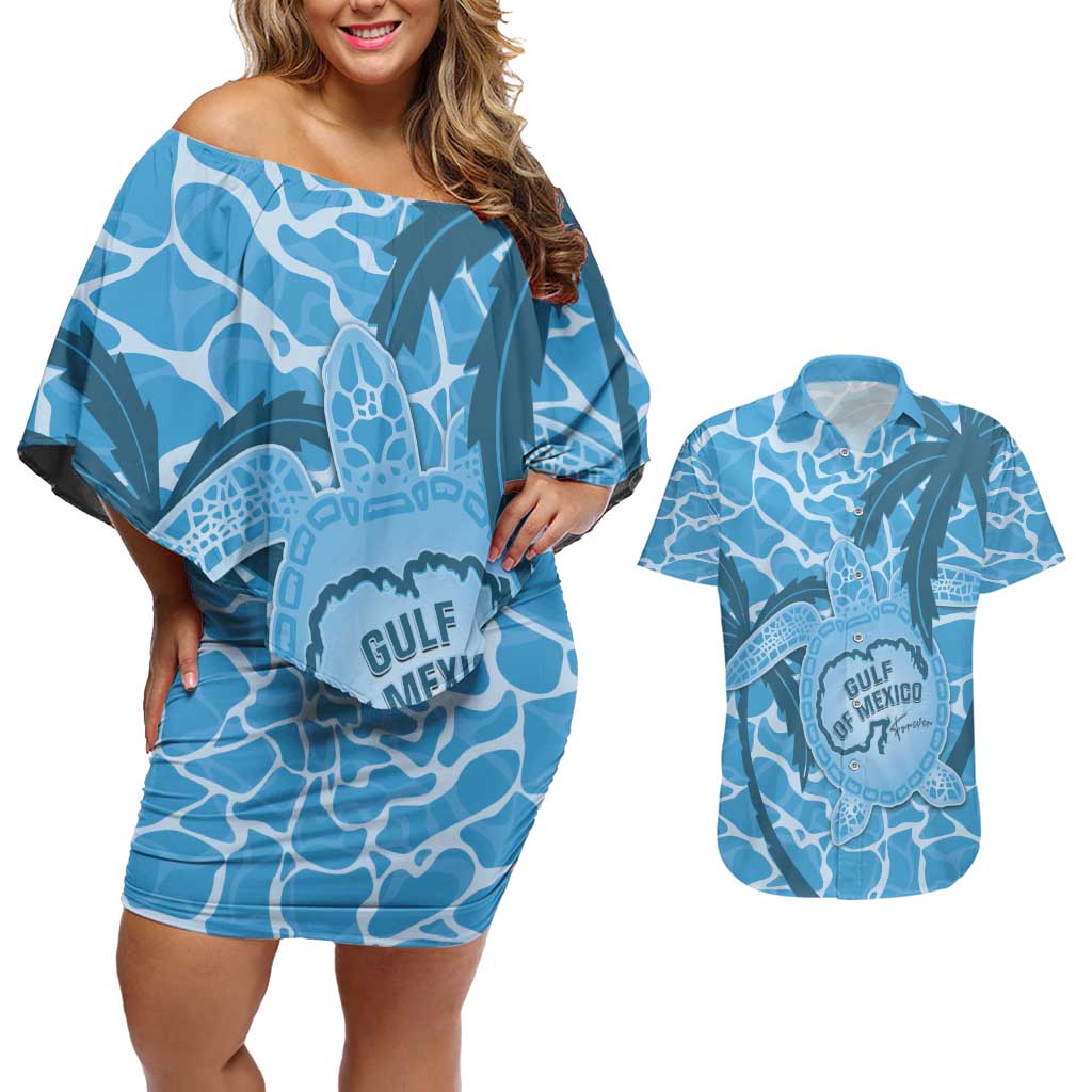 Gulf of Mexico Forever Couples Matching Off Shoulder Short Dress and Hawaiian Shirt Mexican Turtle Blue Version