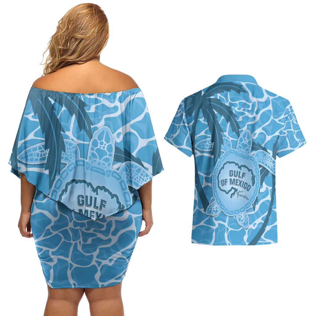 Gulf of Mexico Forever Couples Matching Off Shoulder Short Dress and Hawaiian Shirt Mexican Turtle Blue Version