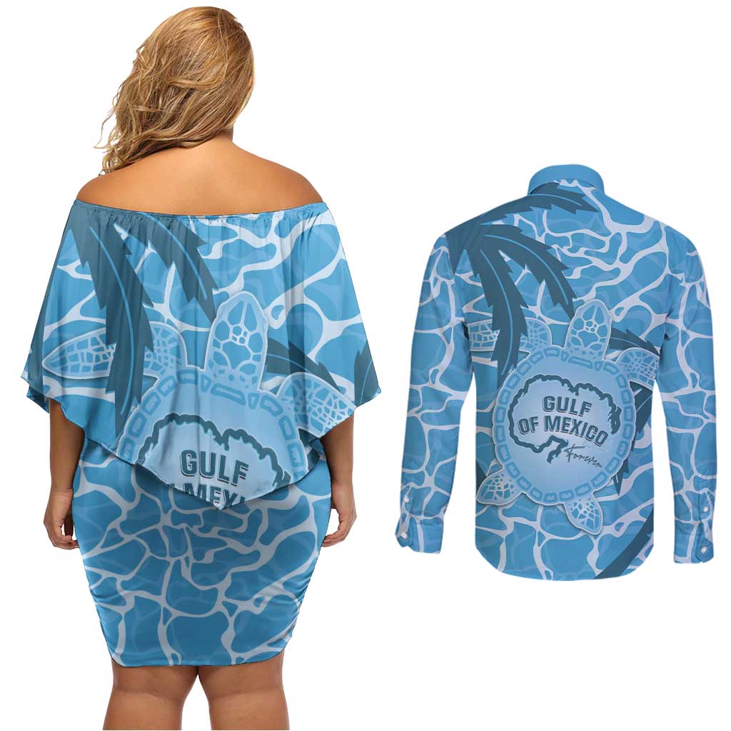 Gulf of Mexico Forever Couples Matching Off Shoulder Short Dress and Long Sleeve Button Shirt Mexican Turtle Blue Version