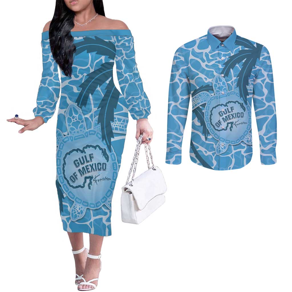 Gulf of Mexico Forever Couples Matching Off The Shoulder Long Sleeve Dress and Long Sleeve Button Shirt Mexican Turtle Blue Version