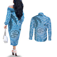 Gulf of Mexico Forever Couples Matching Off The Shoulder Long Sleeve Dress and Long Sleeve Button Shirt Mexican Turtle Blue Version