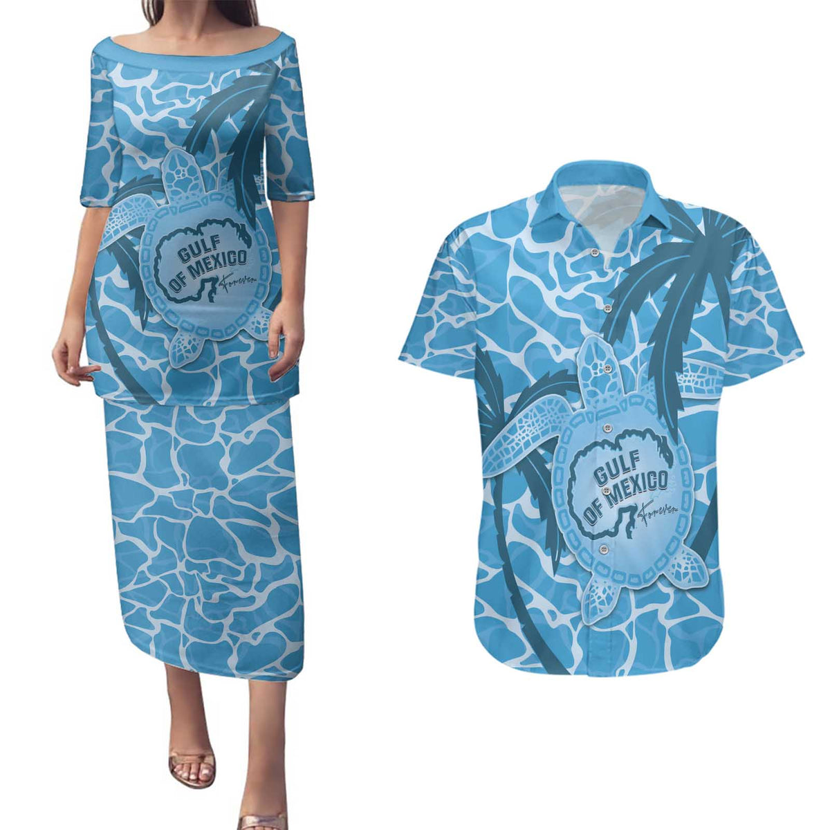 Gulf of Mexico Forever Couples Matching Puletasi and Hawaiian Shirt Mexican Turtle Blue Version