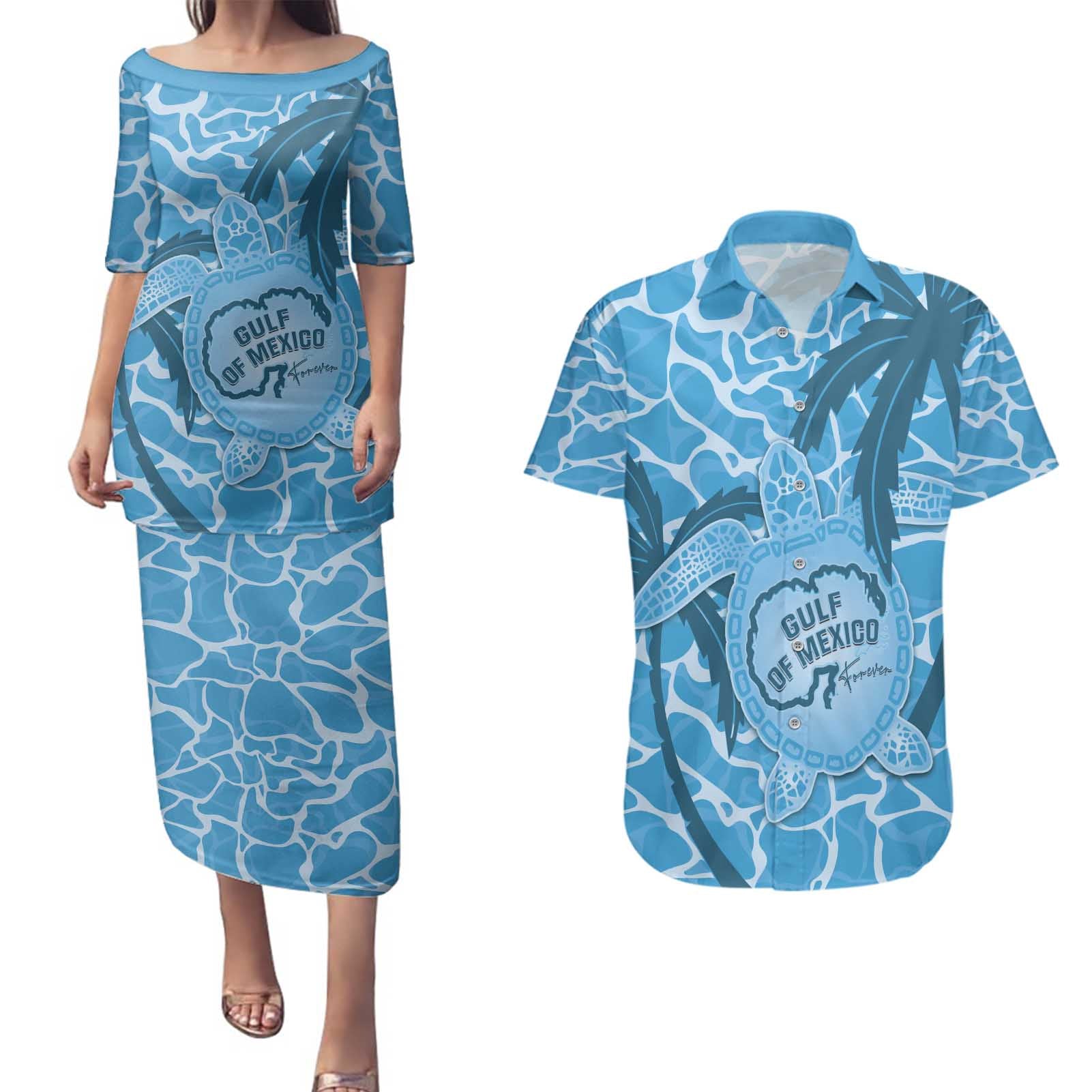 Gulf of Mexico Forever Couples Matching Puletasi and Hawaiian Shirt Mexican Turtle Blue Version