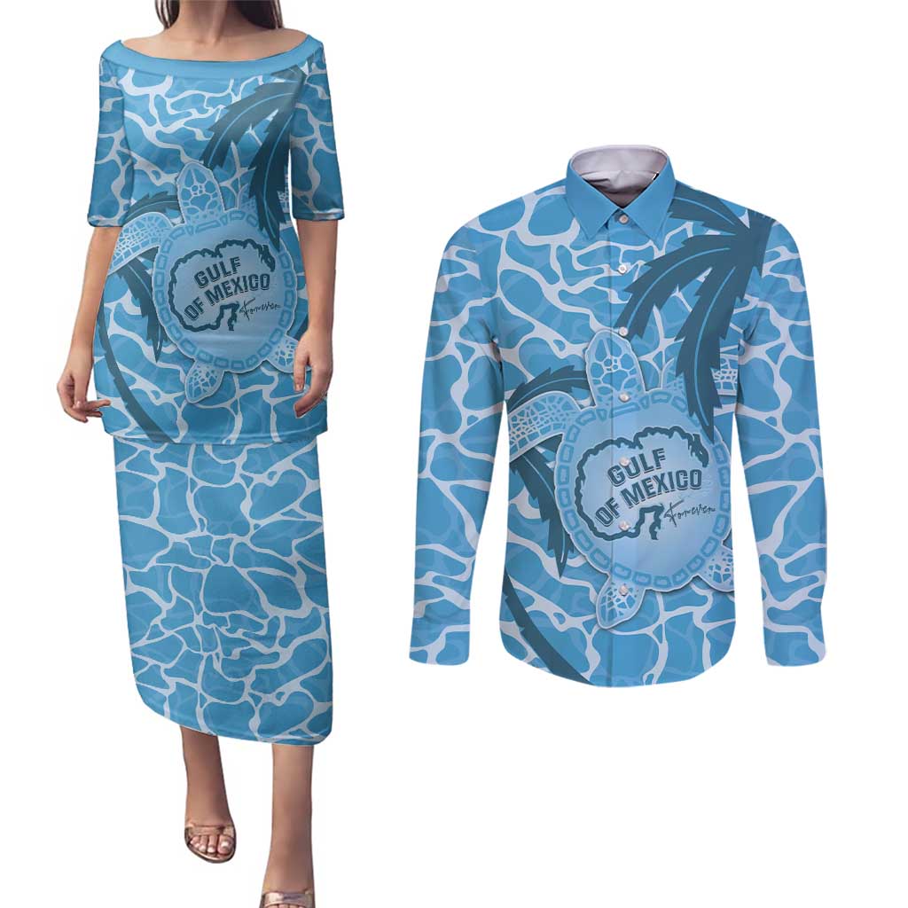 Gulf of Mexico Forever Couples Matching Puletasi and Long Sleeve Button Shirt Mexican Turtle Blue Version